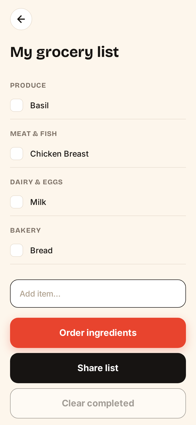 FED Smart Grocery List screen