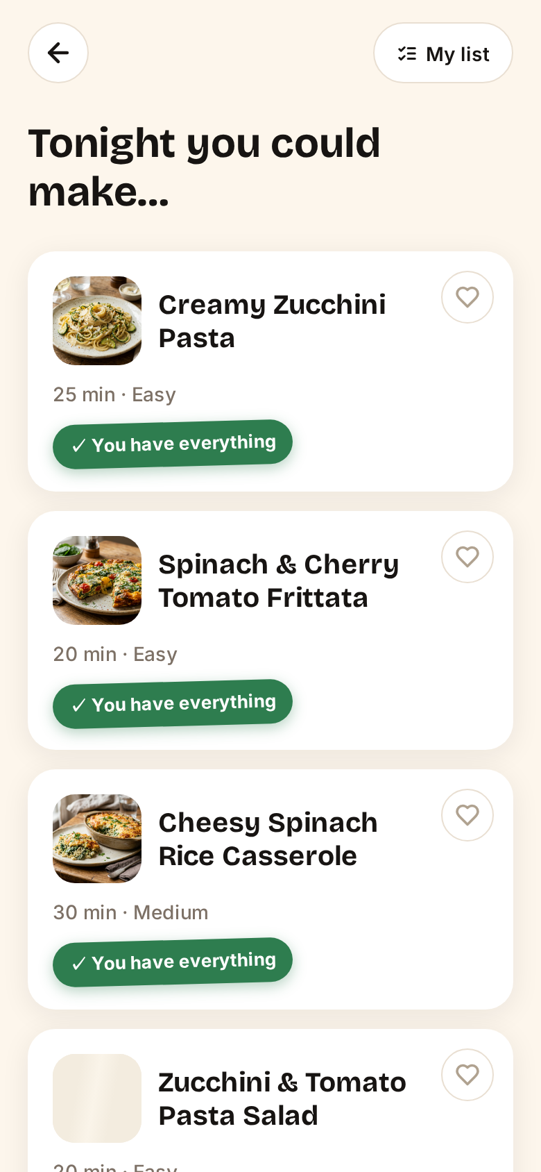 FED recipe results screen